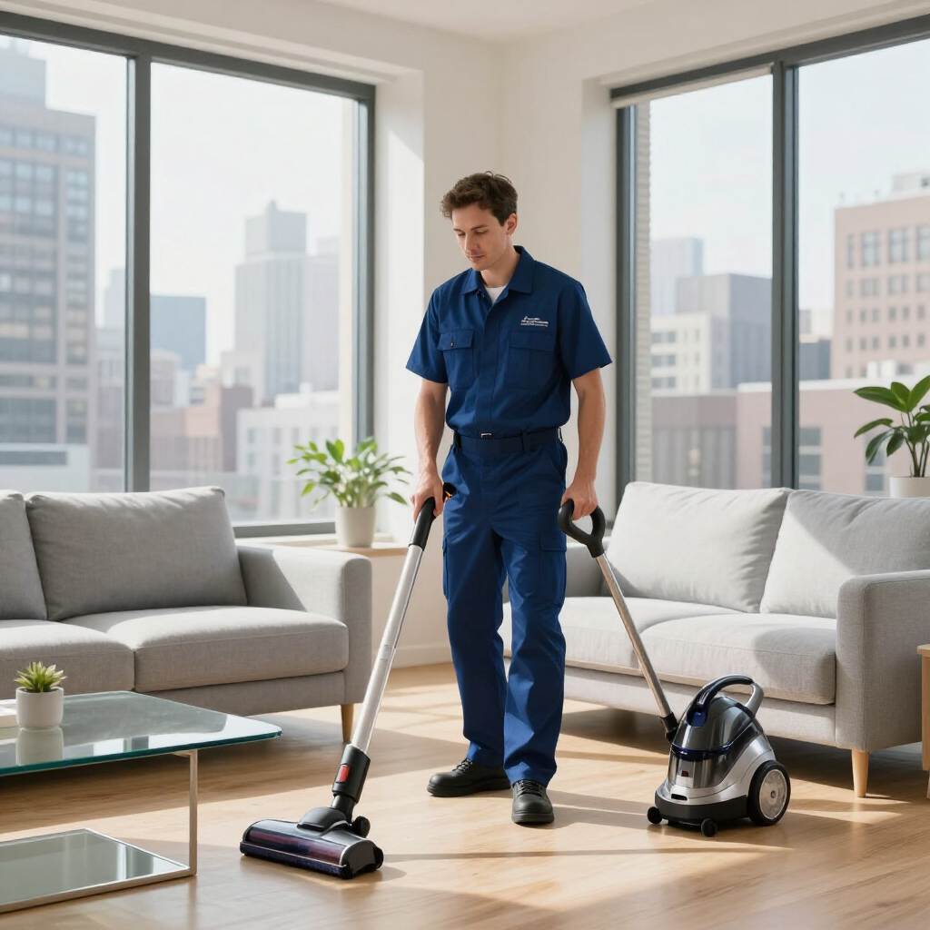 Cleaning service worker vacuuming a bright living room with city views