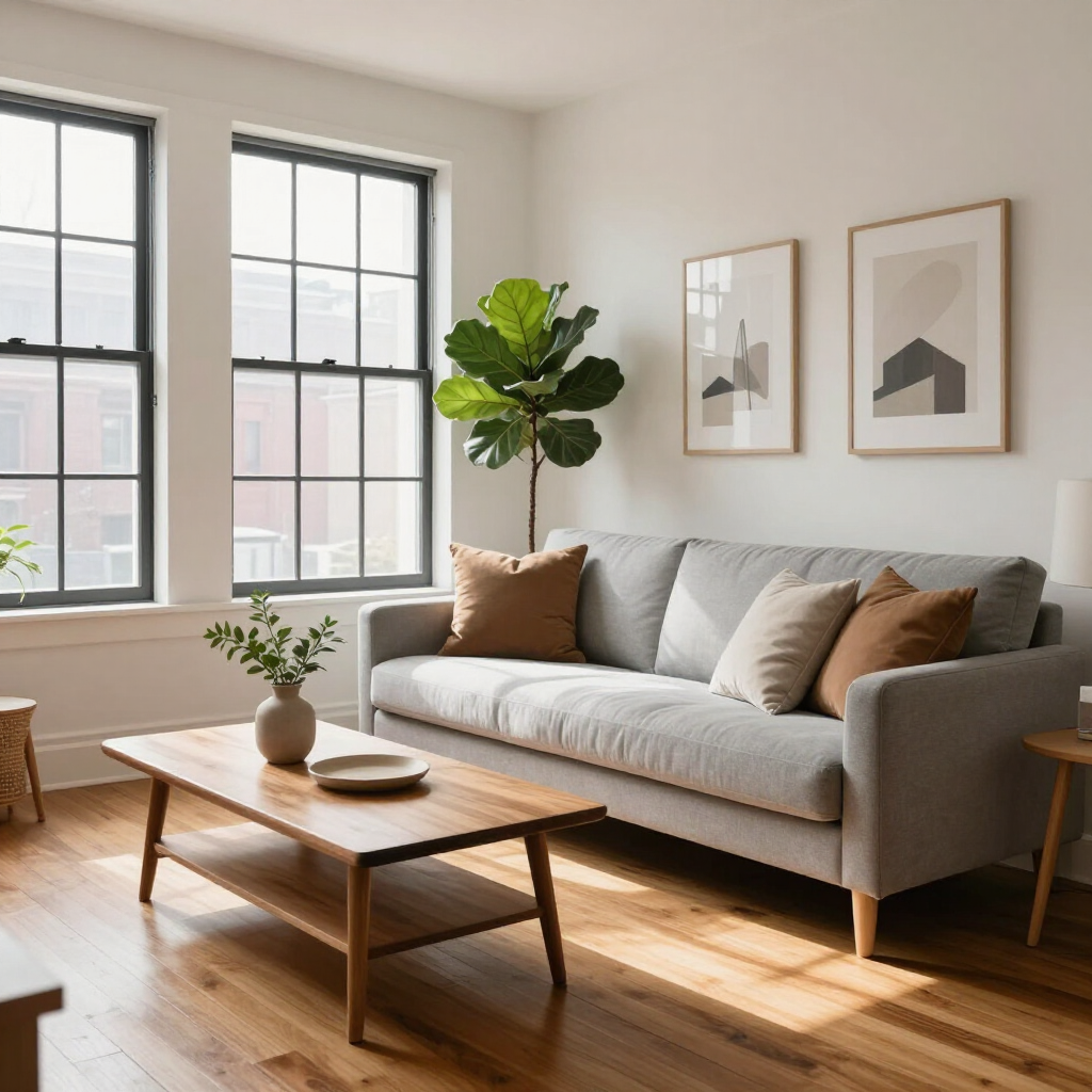 Bright living room with gray sofa, wooden coffee table, potted plant, and wall art by large windows