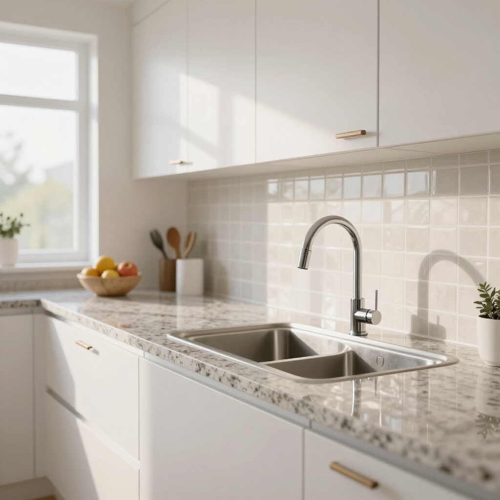 Bright modern kitchen with white cabinets, granite countertops, and a double sink by a window