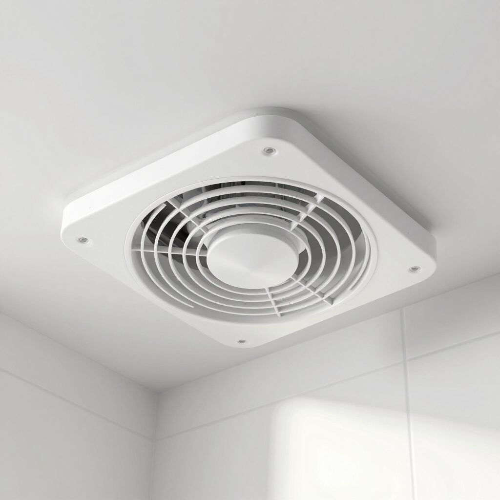 White ceiling-mounted ventilation fan with square cover in a corner of a room