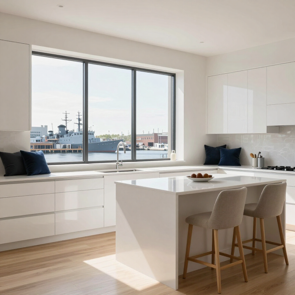 Bright modern kitchen with white cabinets, large window, island, and two stools