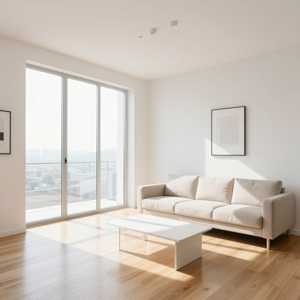 Bright minimalist living room with a white sofa, coffee table, and large sunlit window overlooking a city view