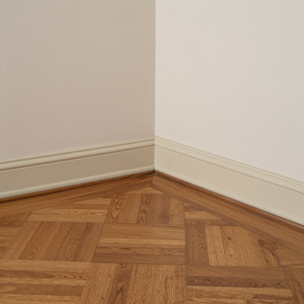 Corner of a room with white walls, beige baseboards, and a patterned hardwood floor.