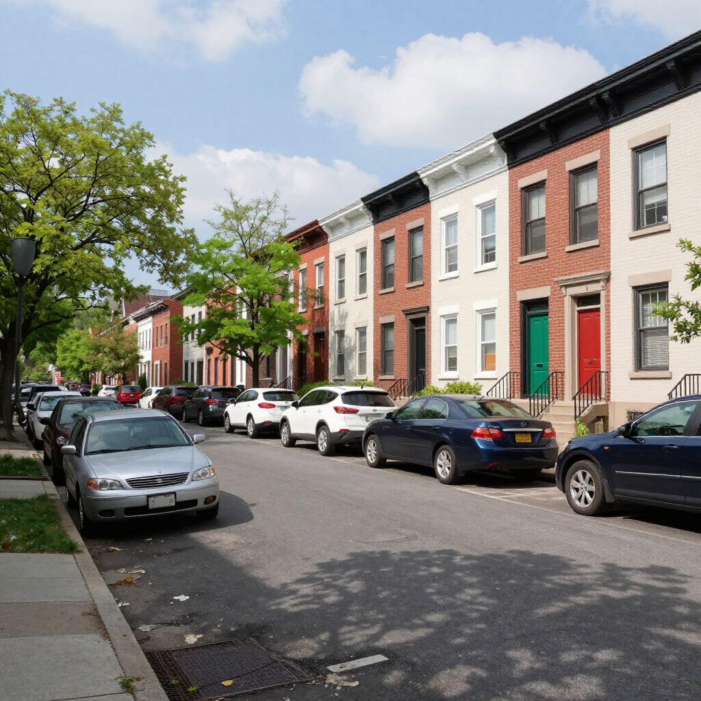 Quiet residential street with parked cars and row houses under a sunny sky