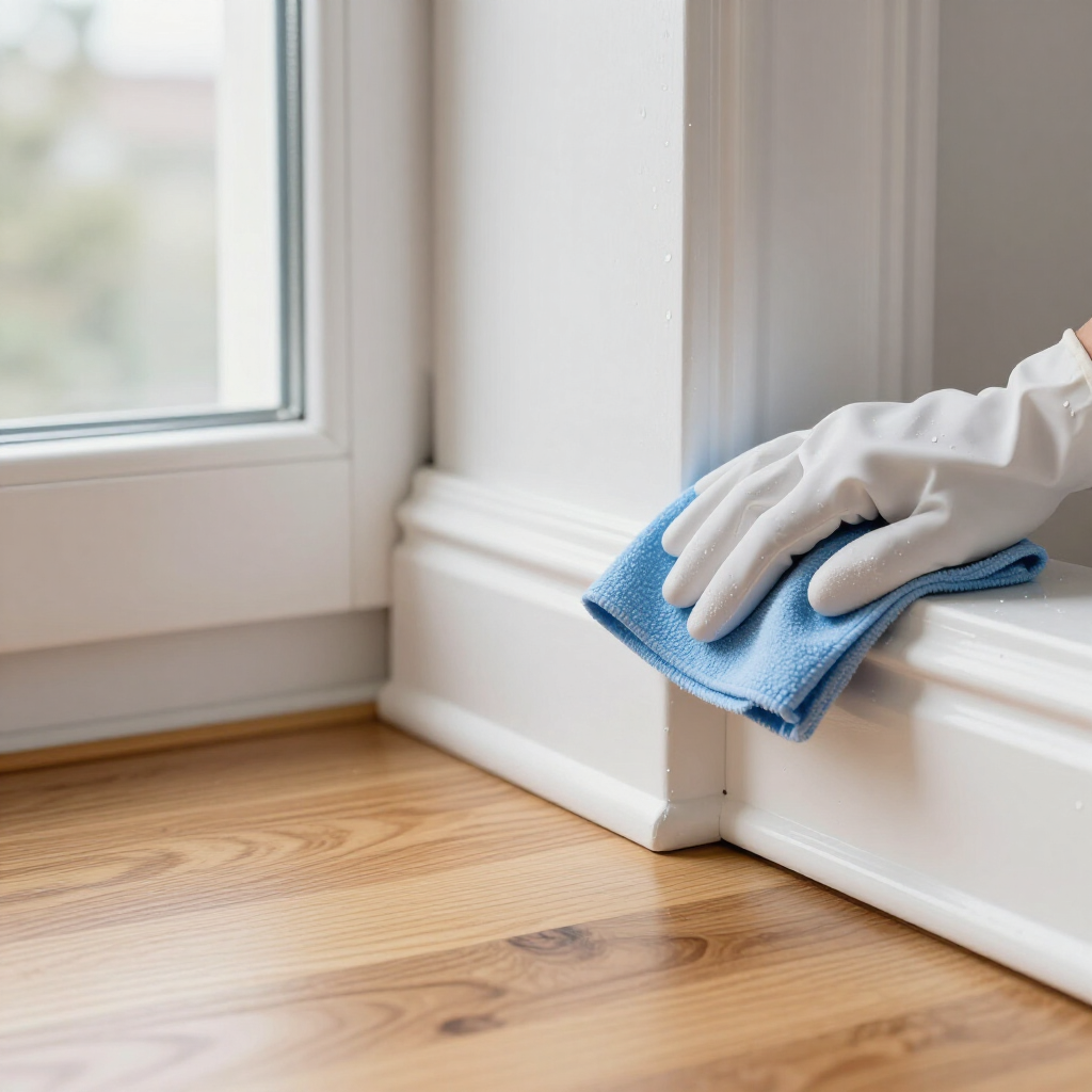 Gloved hand wiping a white baseboard beside a window with a blue cleaning cloth
