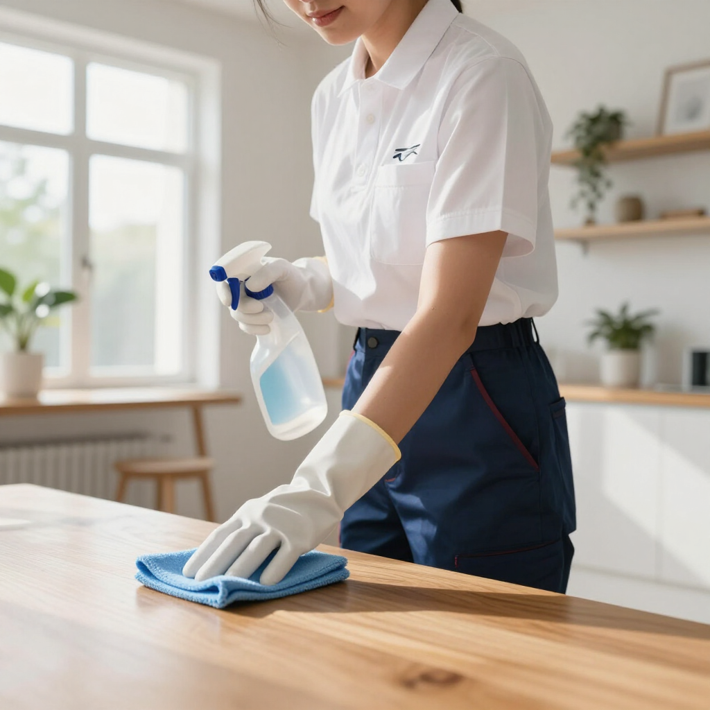 Person cleaning a wooden table with spray cleaner and blue cloth in a bright room