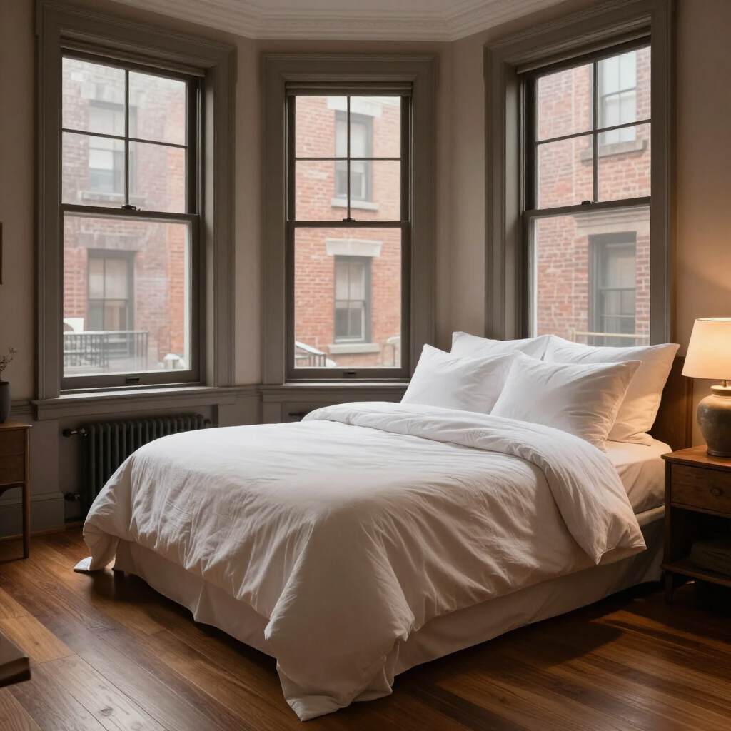 Cozy bedroom with a white bed, wood floors, and three bay windows overlooking brick buildings