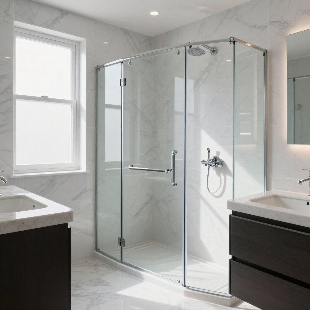 Bright modern bathroom with glass shower, double sinks, and a large window