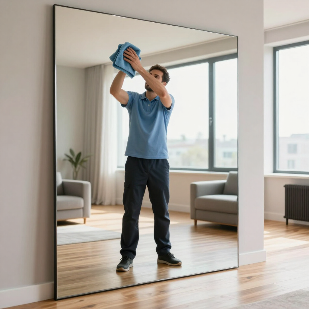 Person cleaning a large wall mirror in a bright living room with a blue cloth