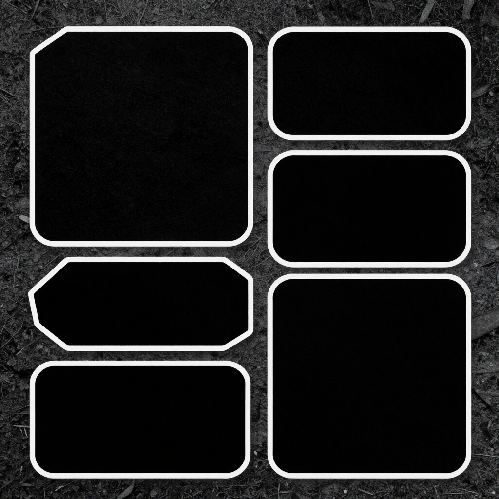 Black rounded-rectangle UI placeholders with white outlines arranged in two columns on a dark background