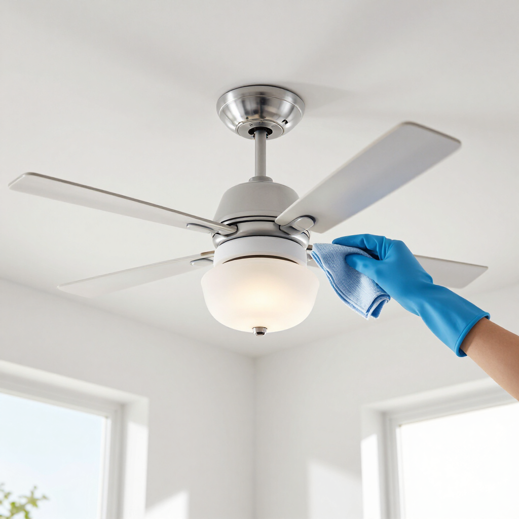 Gloved hand cleaning a ceiling fan light fixture in a bright room