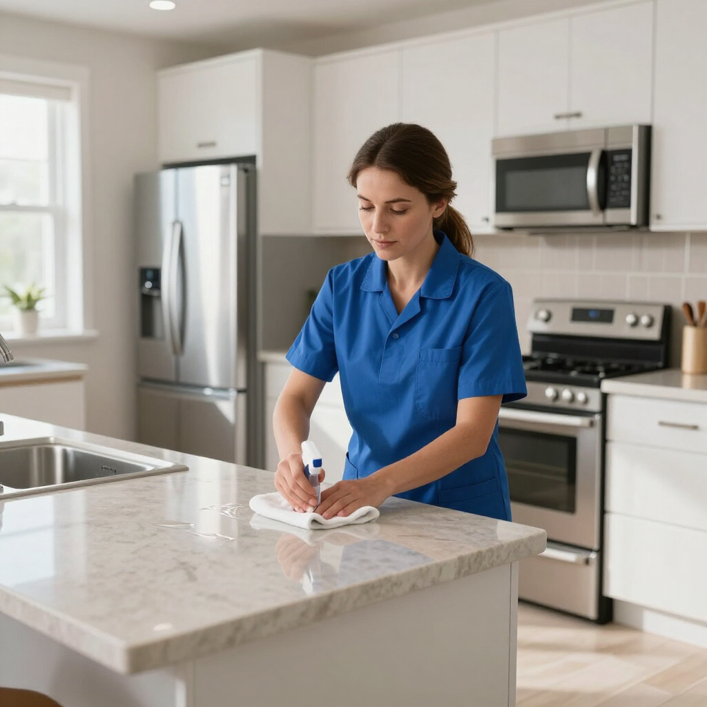 Cleaner wiping a kitchen island in a bright modern kitchen