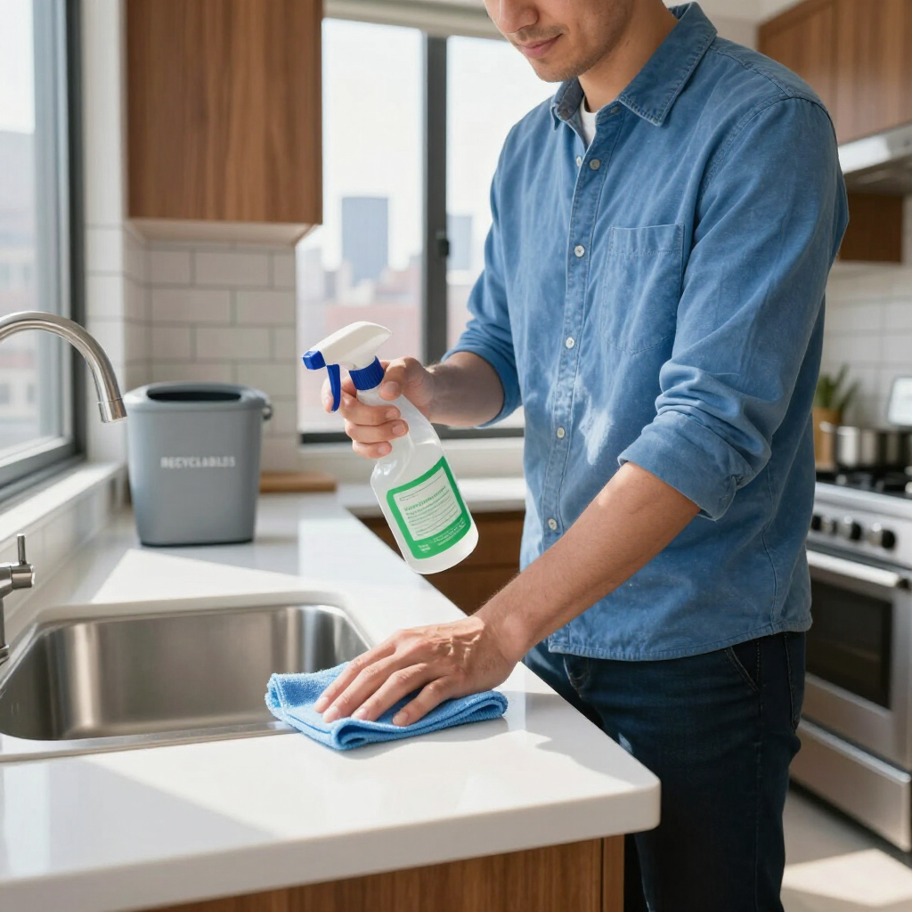 Person cleaning a kitchen counter with a spray bottle and blue cloth next to a sink