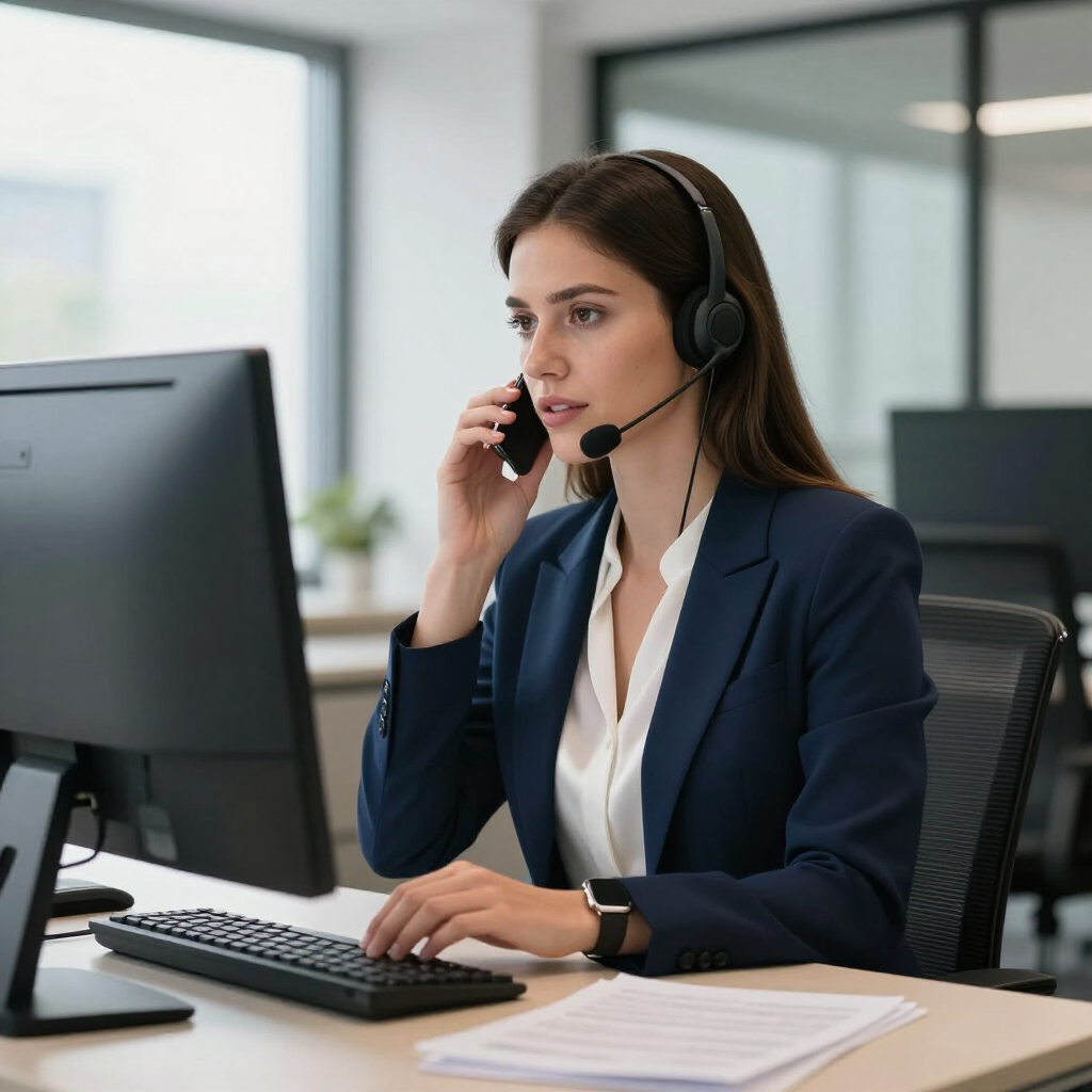 Office worker wearing a headset, speaking on the phone at a desk with a computer and keyboard