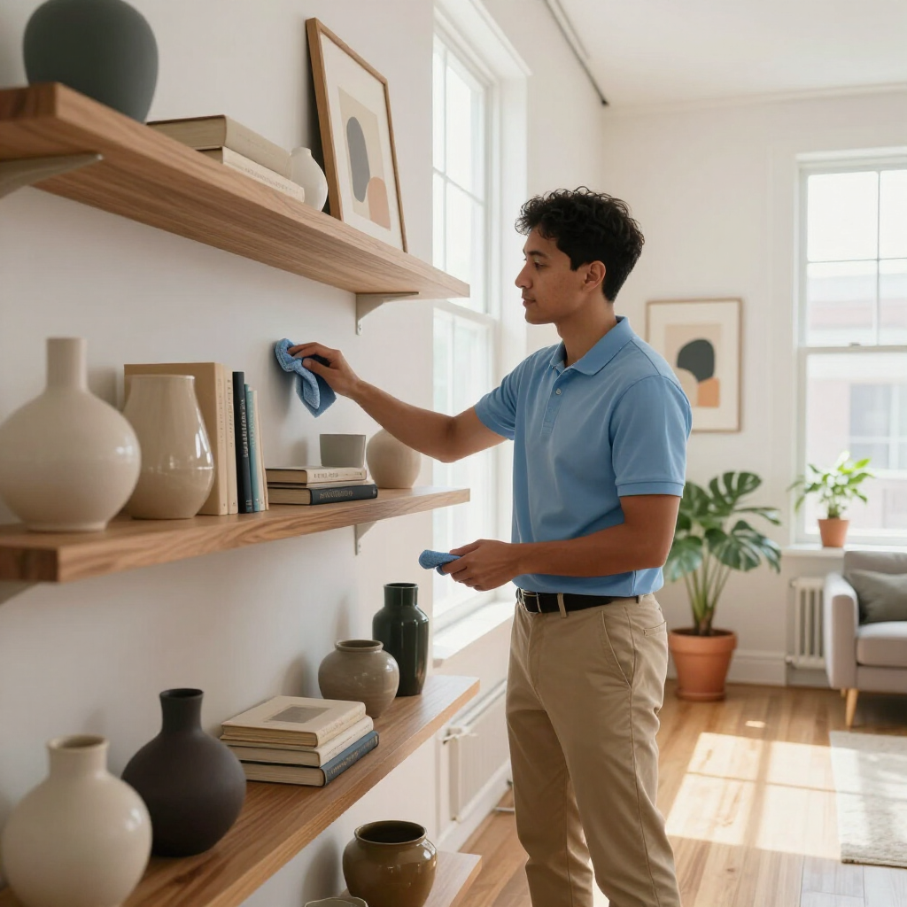 Person dusting shelves in a bright living room with decorative vases and plants