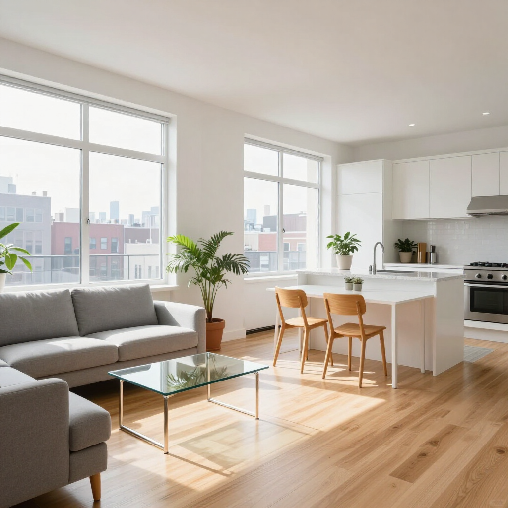 Bright modern living room with gray sofa, glass coffee table, dining area, and white kitchen by large windows