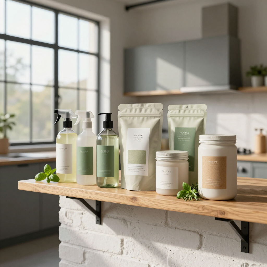 Assorted skincare bottles and jars on a wooden shelf in a bright modern kitchen