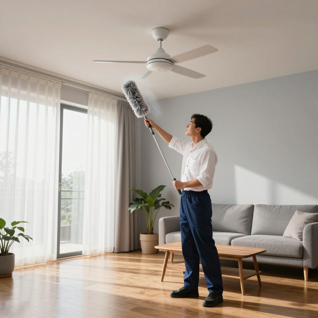 Person dusting a ceiling fan in a bright living room with a gray sofa and curtains