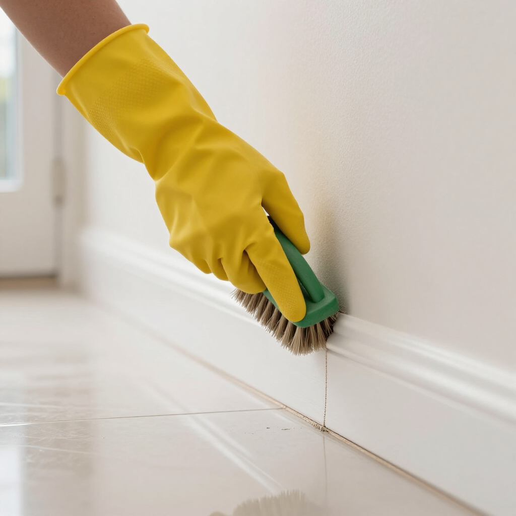 Yellow-gloved hand scrubbing white baseboard with a green brush near a tiled floor