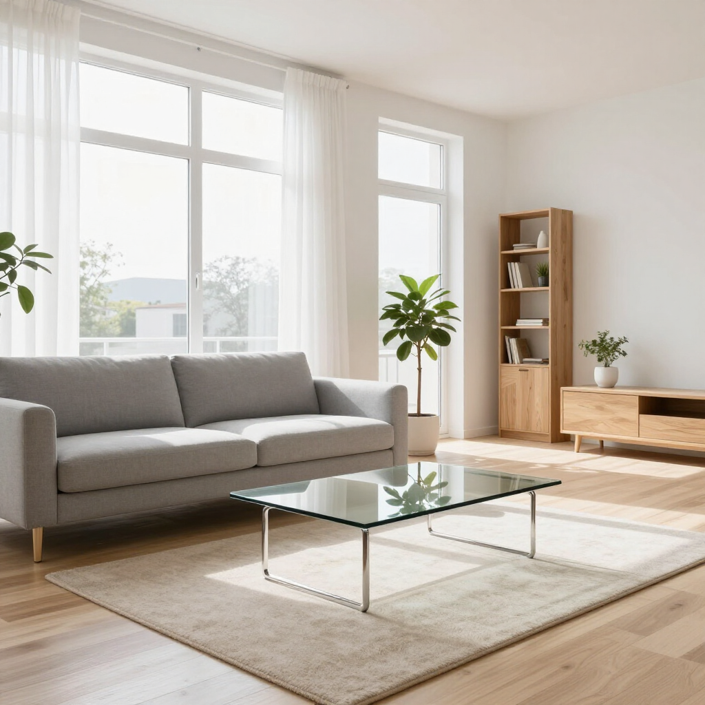 Bright modern living room with gray sofa, glass coffee table, large windows, and wooden shelving.
