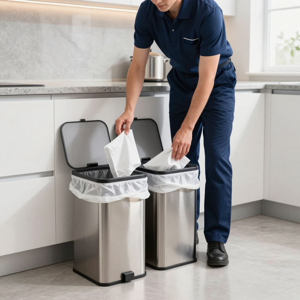 Person placing trash bags into two stainless steel kitchen trash cans