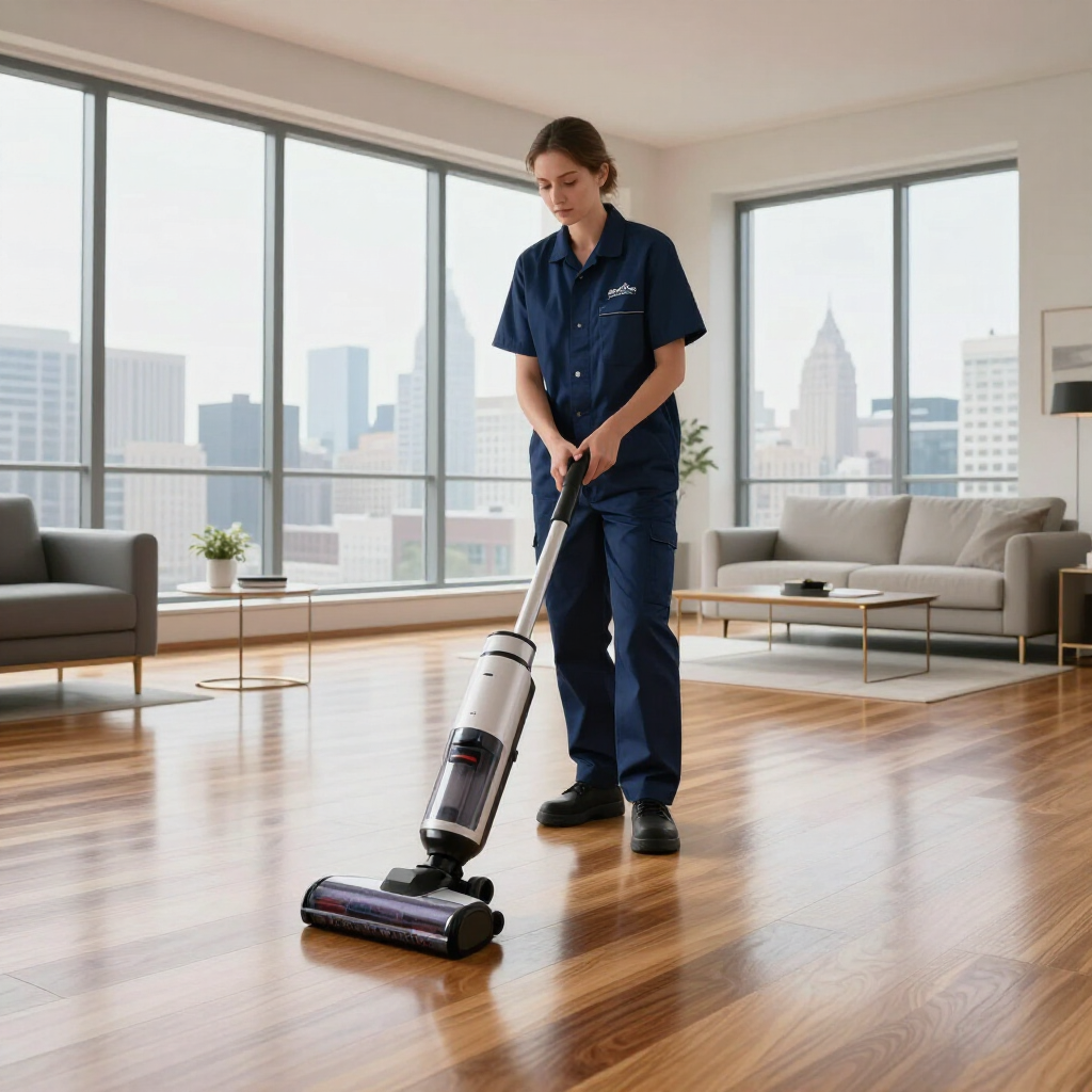 Cleaner vacuuming a polished wood floor in a bright apartment with city-view windows