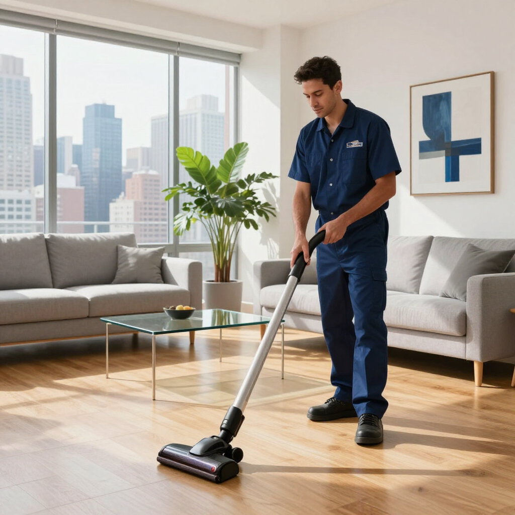 Man vacuuming a sunlit living room with large windows, gray sofa, and city view