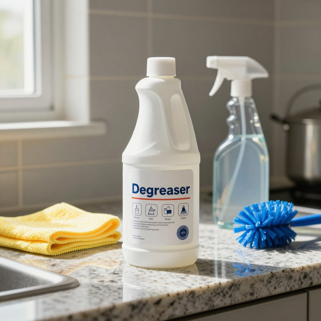 Kitchen counter with cleaning supplies: a degreaser bottle, spray cleaner, yellow cloths, and a blue scrub brush.