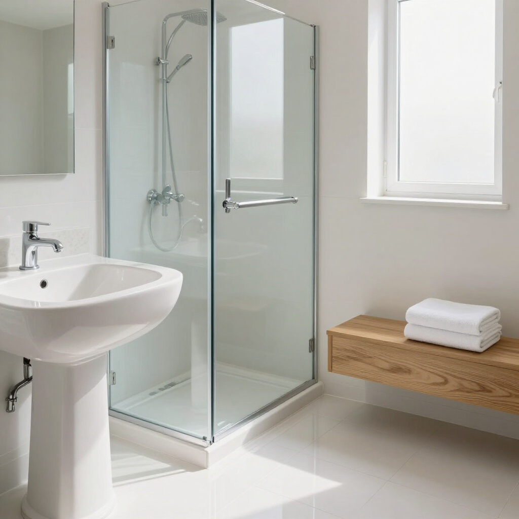 Bright modern bathroom with glass shower, white sink, and wooden bench with folded towels