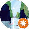 Abstract landscape logo with blue sky, green mountains, waterfall, and an orange star badge.
