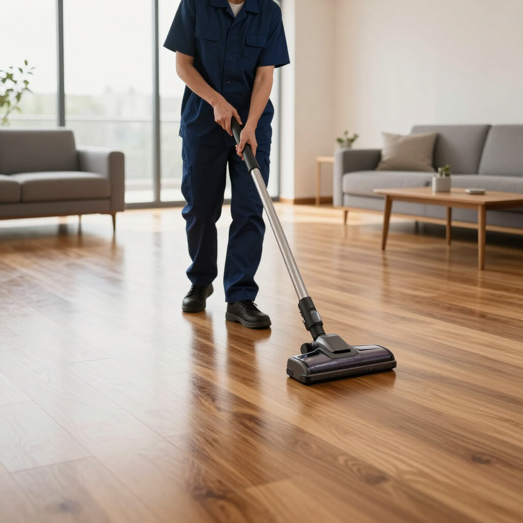 Person vacuuming a hardwood floor in a bright living room