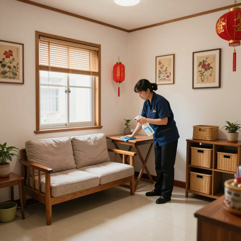 Person setting a small table in a cozy room with a sofa, window blinds, and red lantern decor.