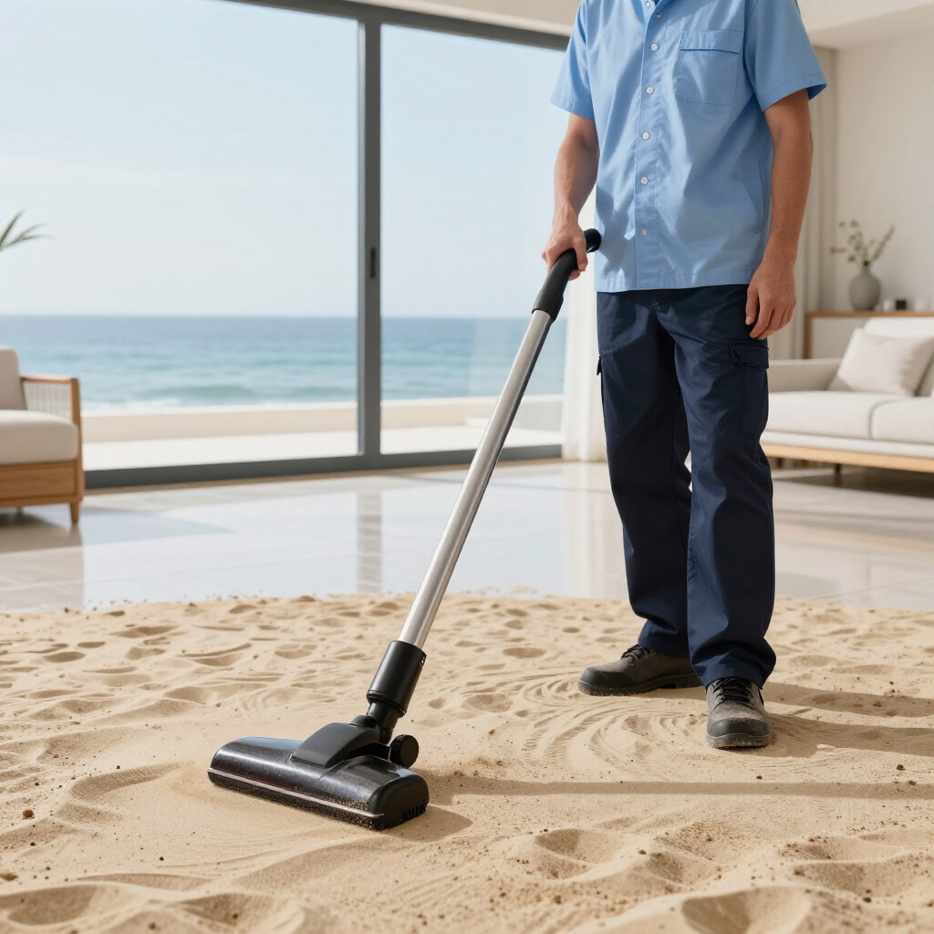 Vacuuming sand from a living room floor with ocean view