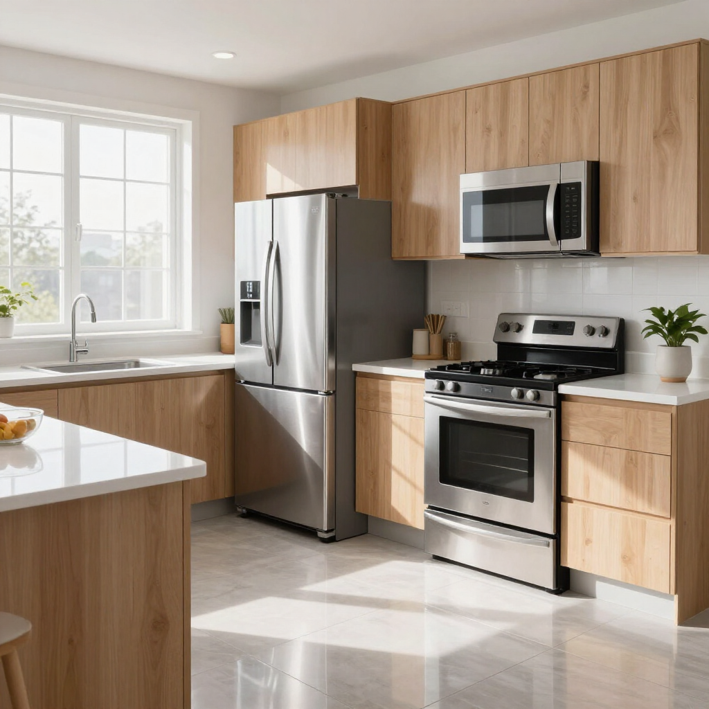 Bright modern kitchen with stainless steel appliances, wood cabinets, and sunlight by the window