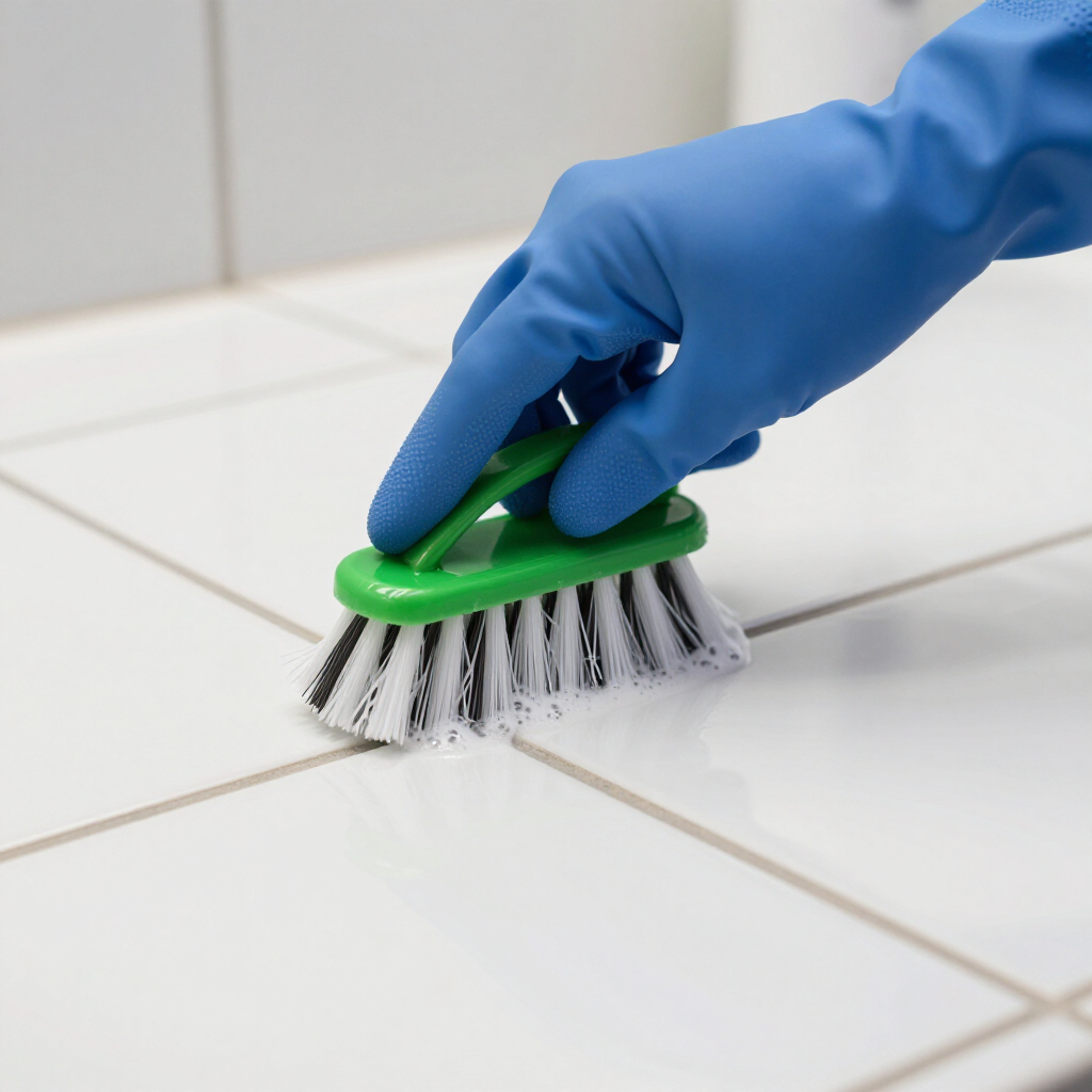 Blue-gloved hand scrubbing white tile grout with a green-and-white brush