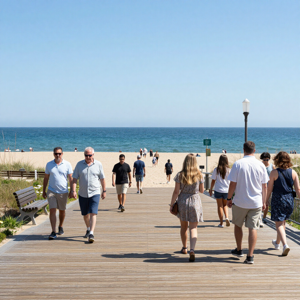 People walking on a wooden boardwalk toward a sunny beach and ocean under a clear blue sky