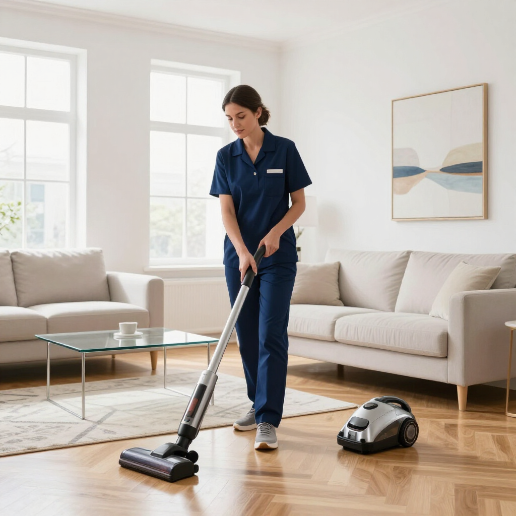 Cleaner vacuuming a bright living room beside a canister vacuum on the floor