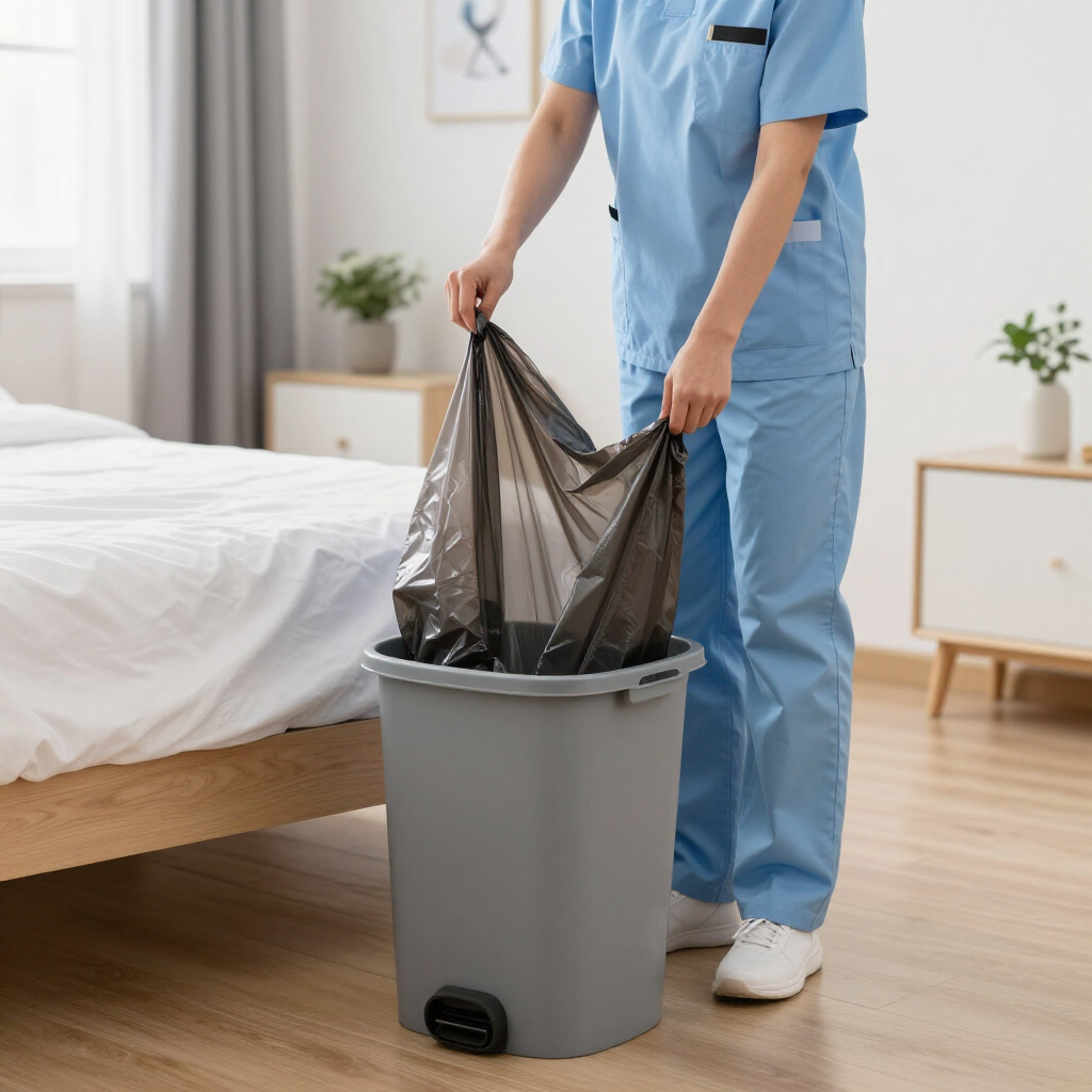Person in blue scrubs lining a gray trash bin with a black bag in a bedroom