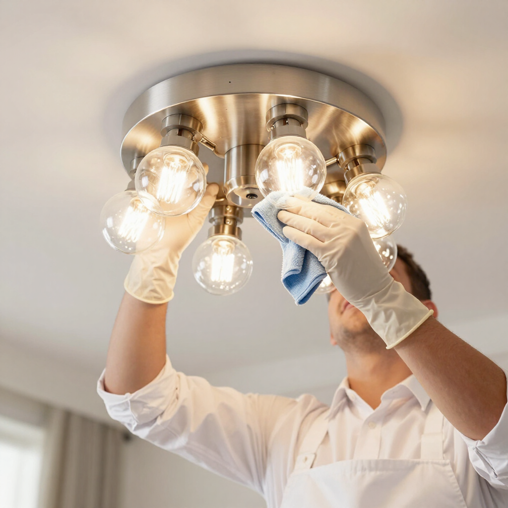 Gloved person cleaning a ceiling light fixture with a cloth and spray bottle