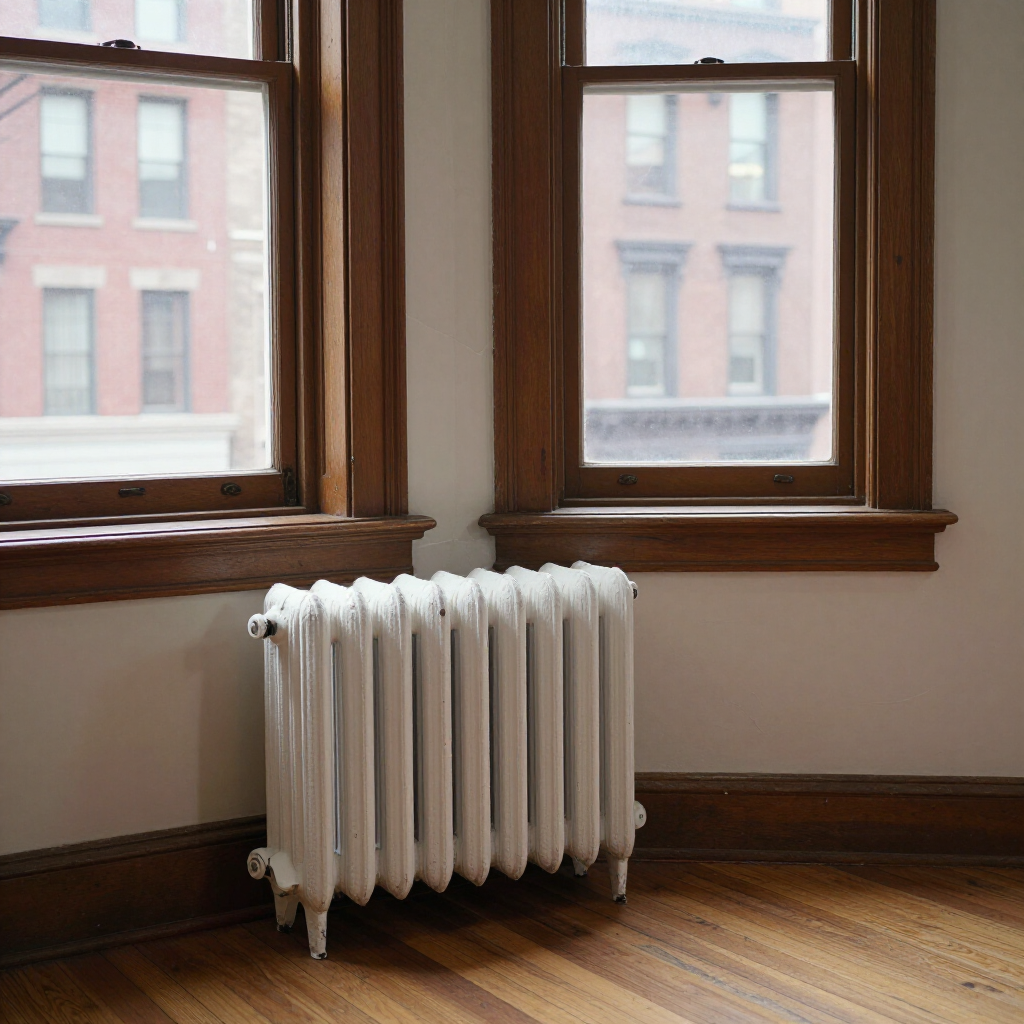 White radiator beneath two windows in a wood-trimmed room with hardwood floors.