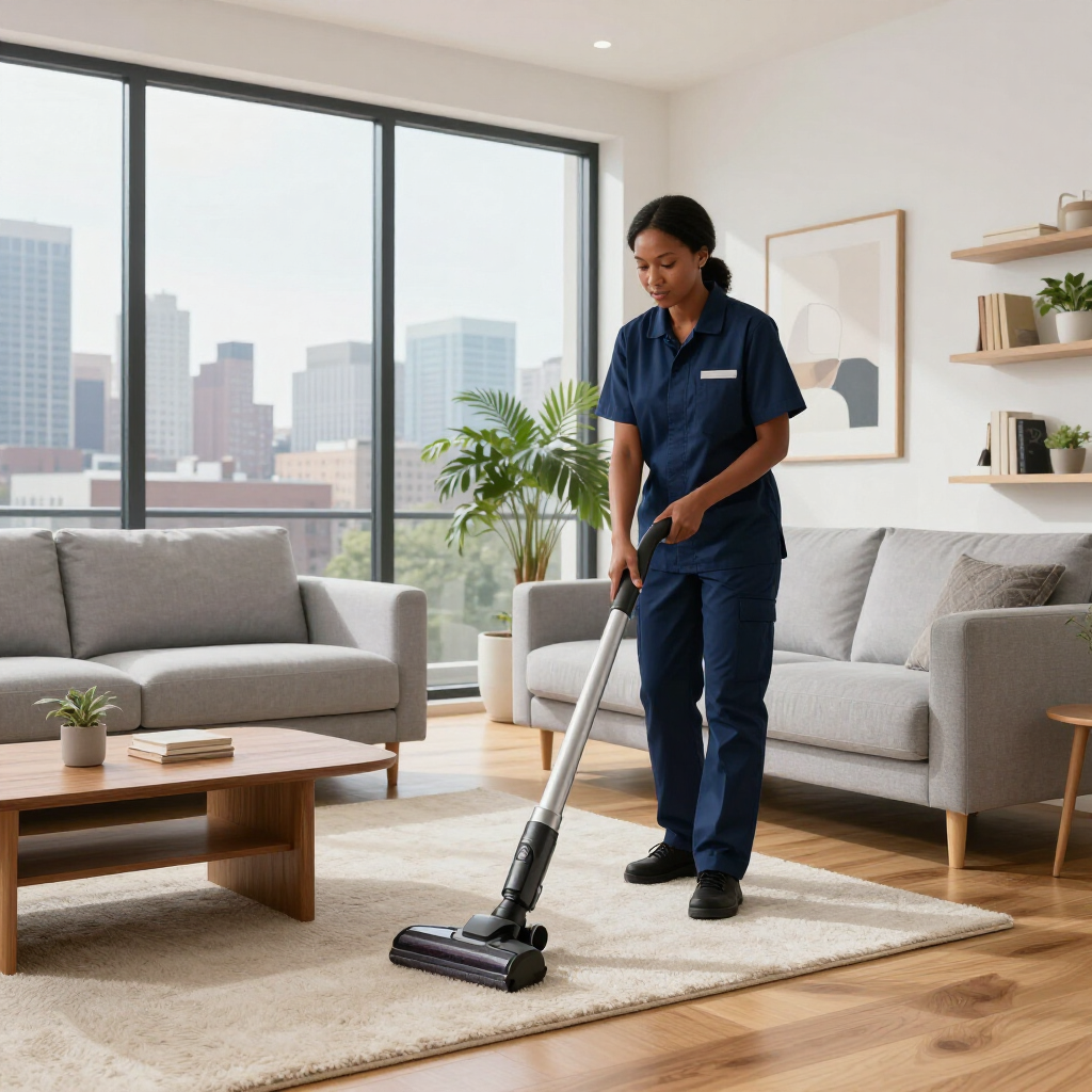 Cleaner vacuuming a bright living room with gray sofas and city windows