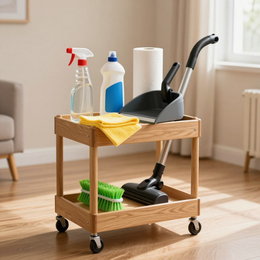 Cleaning cart with spray bottle, cleaner, paper towels, dustpan, brush, broom, and mop in a bright room