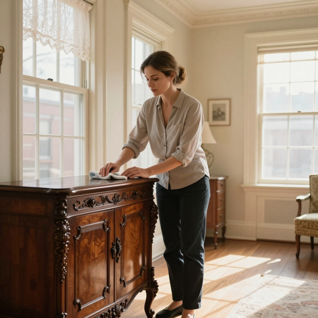 Woman polishing an ornate wooden cabinet in a sunlit room with large windows