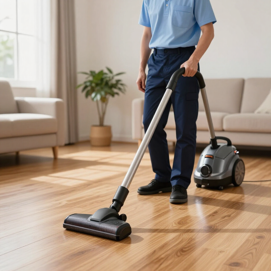 Person vacuuming a hardwood floor in a bright living room with a canister vacuum.