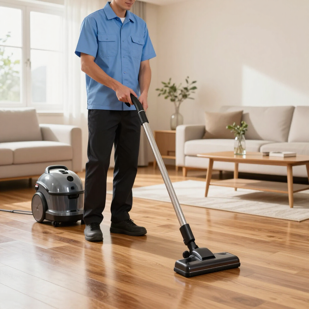 Person vacuuming a hardwood floor in a sunlit living room beside a canister vacuum cleaner