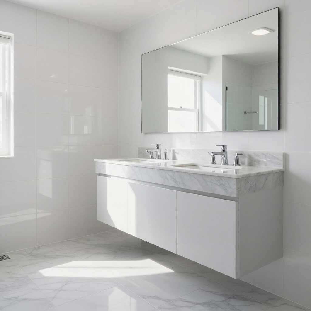 Bright white modern bathroom with double vanity, large mirror, and marble flooring