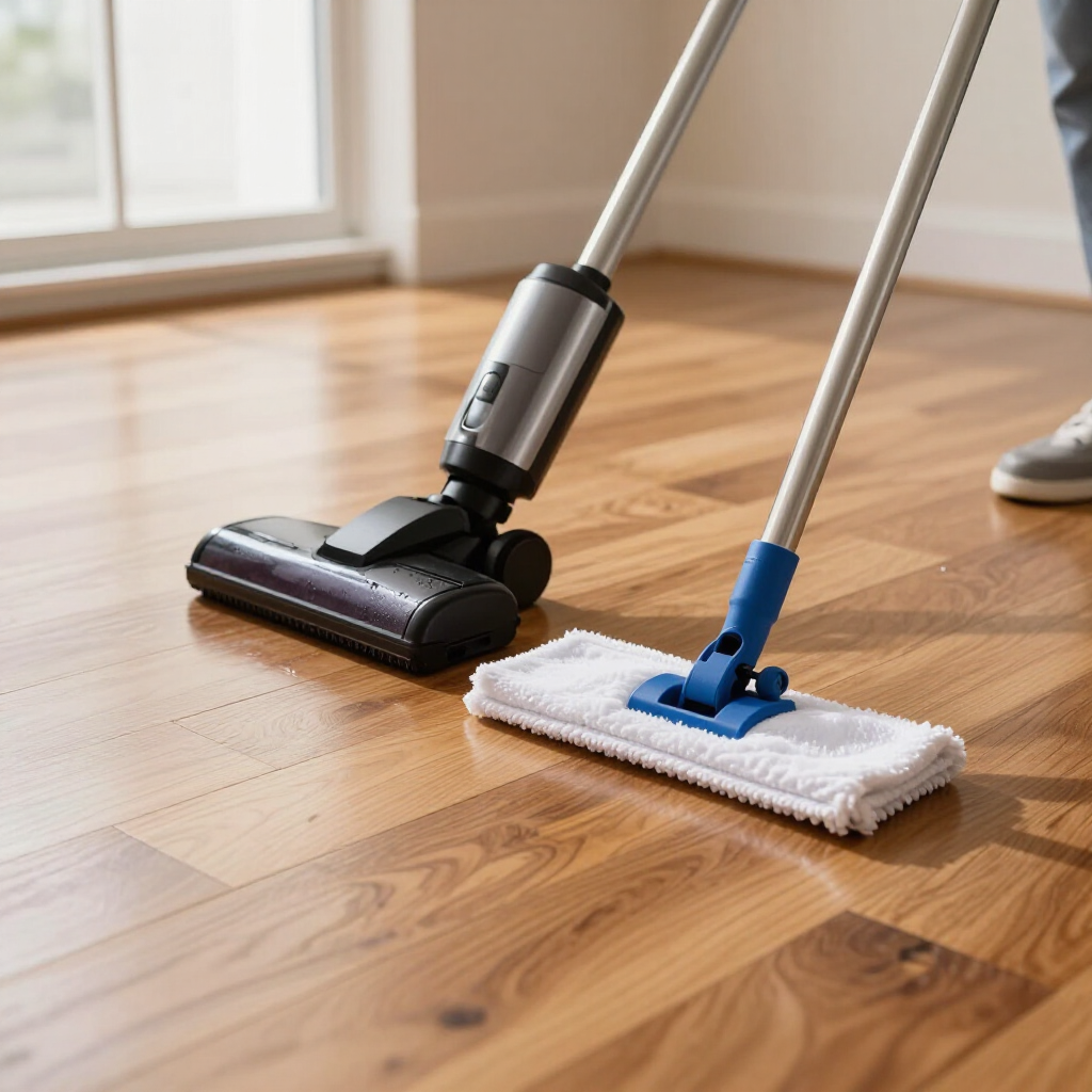 Vacuum and mop cleaning a hardwood floor in a bright room
