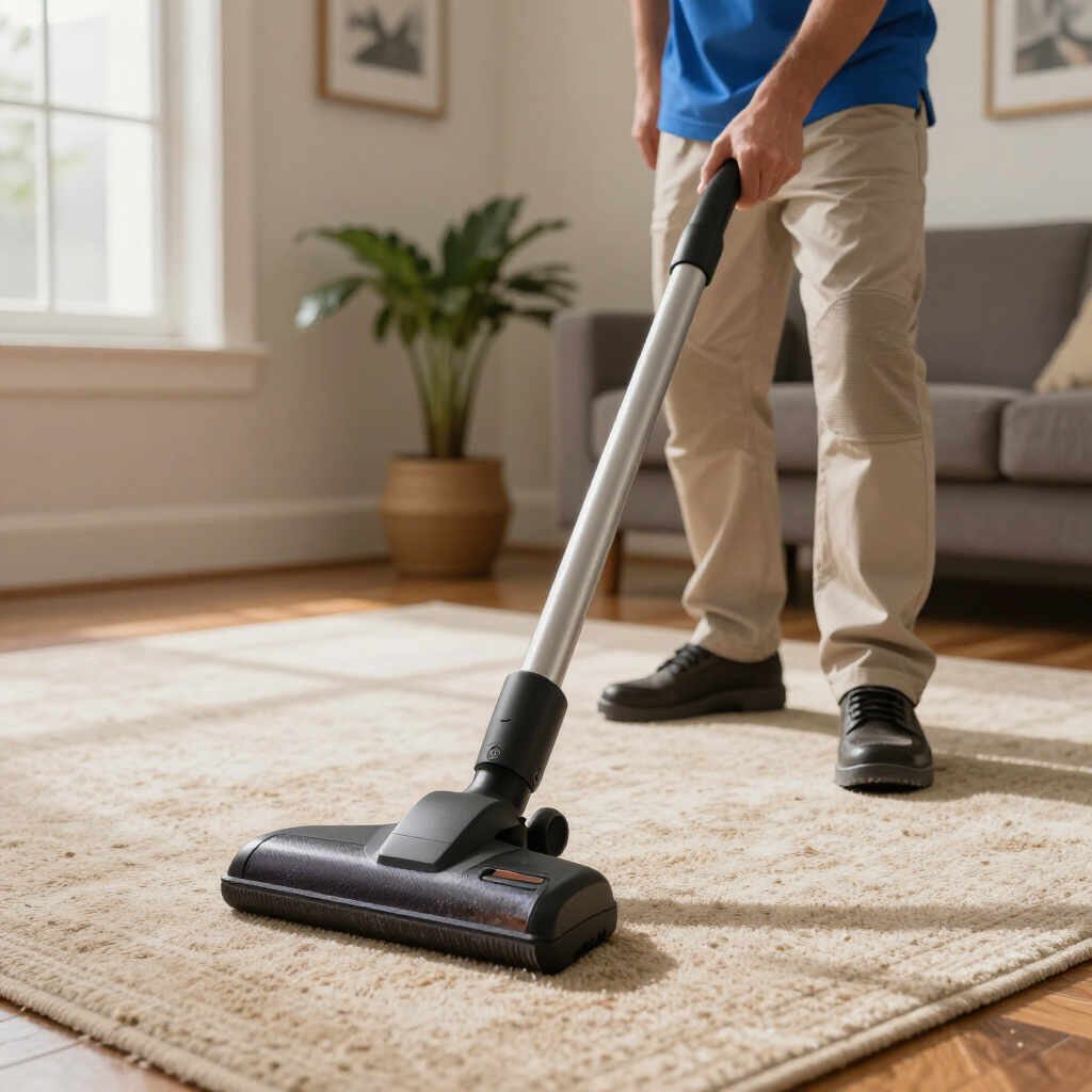 Person vacuuming a beige rug in a sunlit living room