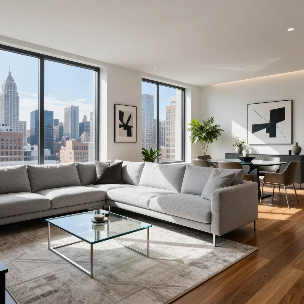 Bright modern living room with a gray sectional, glass coffee table, and city skyline views through large windows