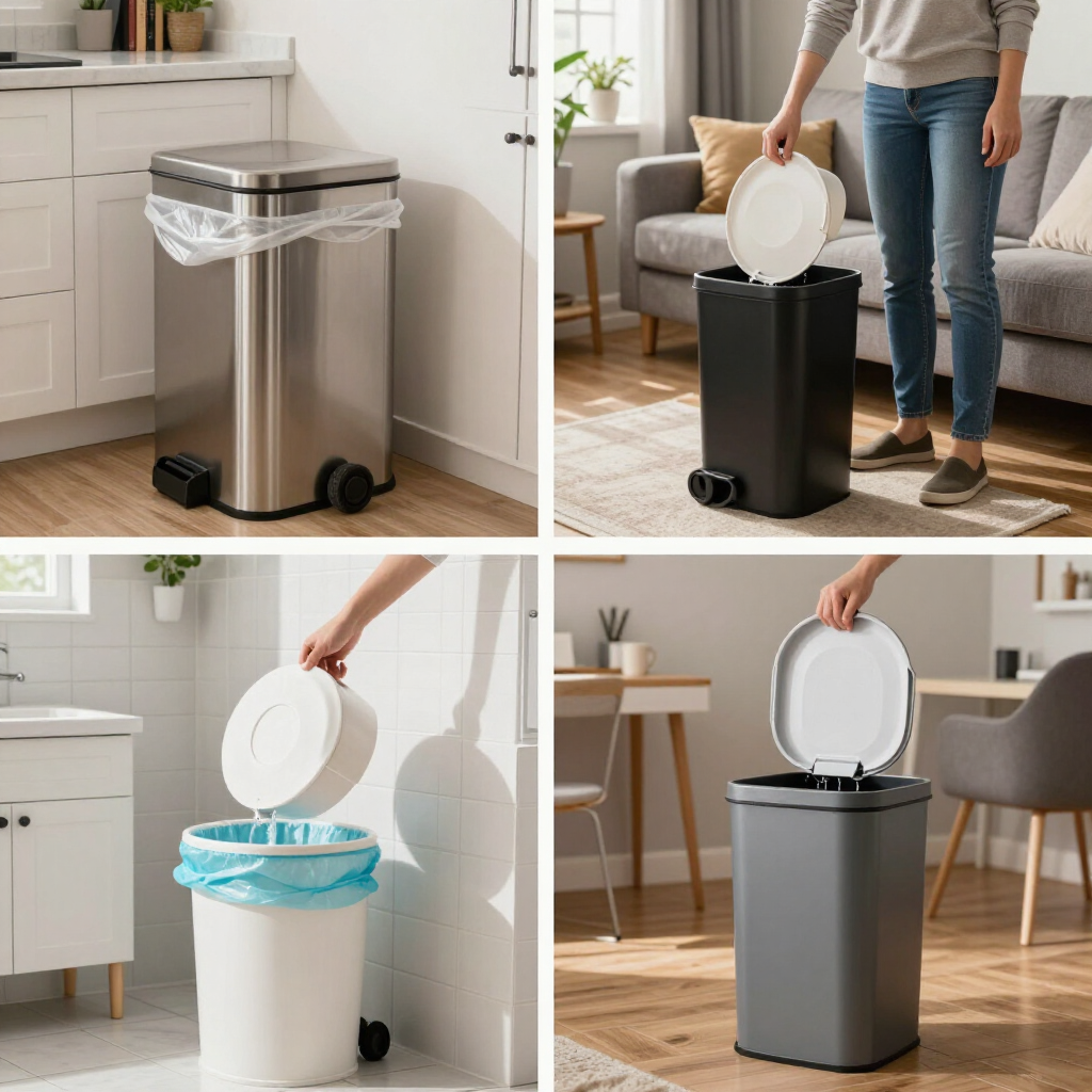 Four-panel collage of a sleek stainless steel trash can with a foot pedal and hands opening the lid.